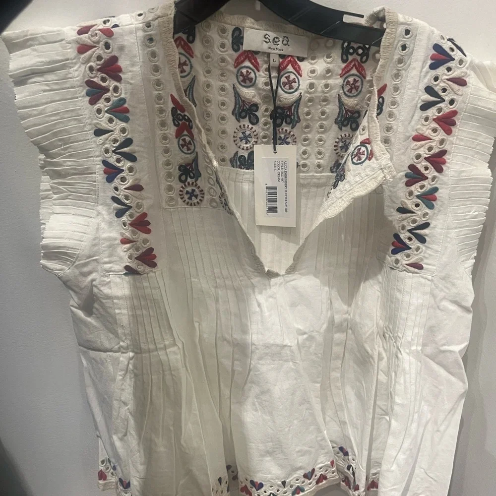 NWT Sea New York Alicia Embroidered Flutter Sleeve Cotton Linen Top Cream L - Picture 5 of 8